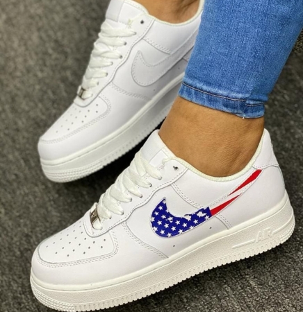 White Nike Air force Sneakers with an American Flag Print