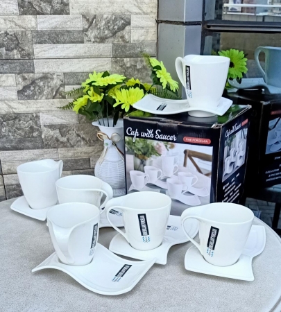 White Shapely Cup saucer set black  6 cups and 6 saucers 450 ml capacity