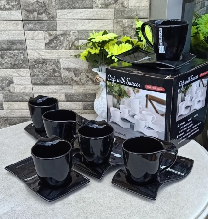 Black Shapely Cup saucer set black  6 cups and 6 saucers 450 ml capacity