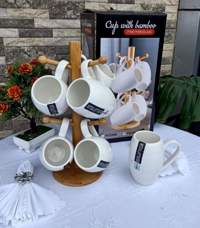 White set of 6 cup set Comes with wooden stand Capacity 350ml