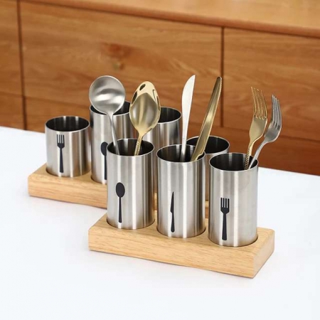 Kitchen cutlery storage container Stainless steel with wooded tray