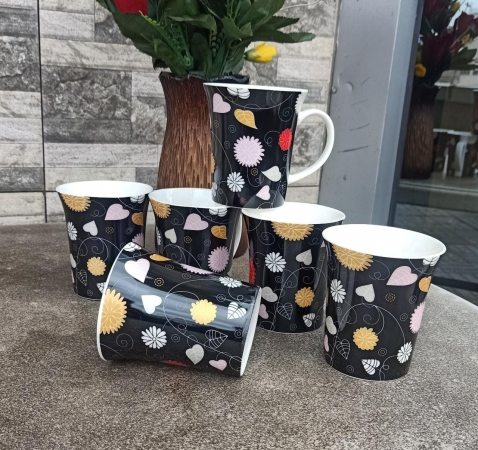 Yellow dotted set of 6 cups quality ceramic mugs