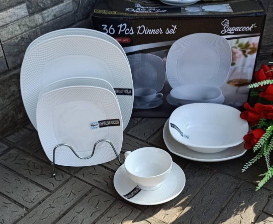 White Super cook 36pcs Unique Dinner set  6plates, 6medium plates, 6 side plates,6 bowls and cappuccino 6 cups and 6pcs saucers