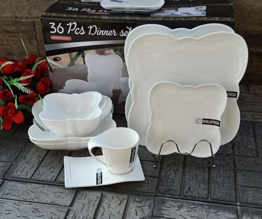 White 36pcs Butterfly shaped Dinner set 6plates, 6medium plates, 6 side plates,6 bowls and 6 cups(450cc) and 6pcs saucers