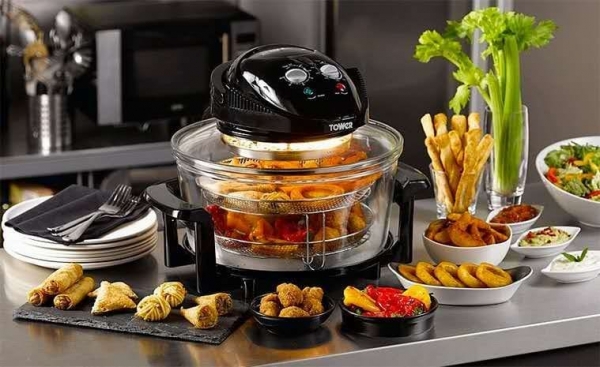 Tower T14001 Health Halogen oven Low Fat Air Fryer with Removable Glass Bowl, Extender Ring, Recipe Book, 1300W, 17 Litre, Black