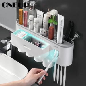 Automatic toothpaste Dispenser Wall mounted with a Toothbrush holder, adhesive sticker