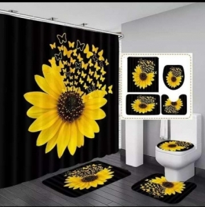 4pcs toilet set with a high-quality shower curtain with hooks sunflower themed