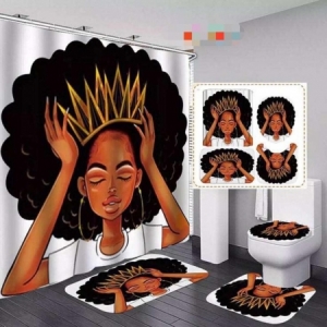 African princess 4 in 1 Bathroom sets with 1 shower curtain 180x180cm and 3 pcs rugs plus Free 12 plastic hooks  