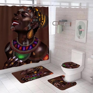 African Lady 4 in 1 Bathroom sets with 1 shower curtain 180x180cm and 3 pcs rugs plus Free 12 plastic hooks  
