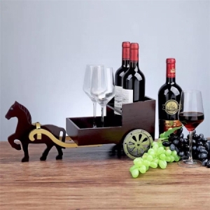 Wooden Vintage Horse Cart Wine Rack for Home Decoration 47cm by 21cm by 18.5 cm