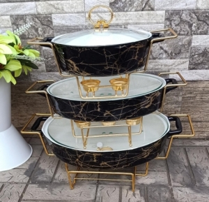 3pieces Black Marble with Gold Stands Food Warmers Chafing Dish