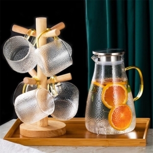Diamond transparent Jug set with 6 glasses Tray and a stand