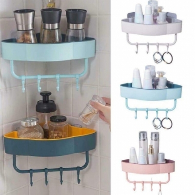 Triangular bathroom shelf with 4 hook stand towel hanger