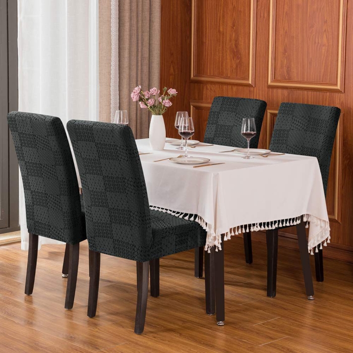 Black Jacquard Dining Room Chair Covers Slipcovers Set of 6, Spandex Super Fit Stretch Removable Washable Kitchen Parsons Chair Covers Protector for Dining Room, Hotel, Ceremony