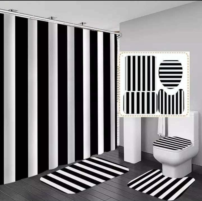 Stripped black and white4pcs Shower Curtain set with matching toilet  mat sets 