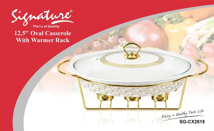 12.5inch  1.8 Ltr Oval Porcelain Casserole with Warmer Rack Food Warmer Chafing dish