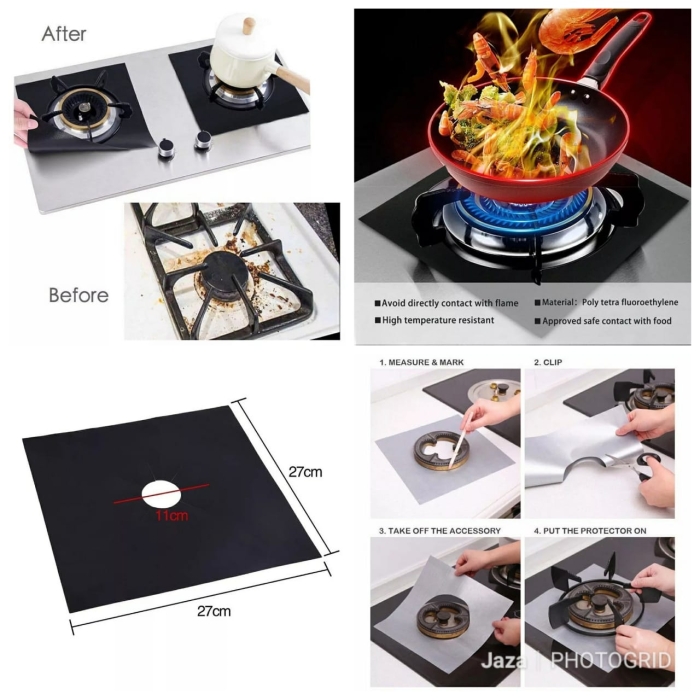 reusable Protective Cooker top covers  5pcs in a pack Can Size 27cms×27cms Material can withstand high temperatures to 500 degrees farenheit  Non stick surface easy to clean  Black color only availab