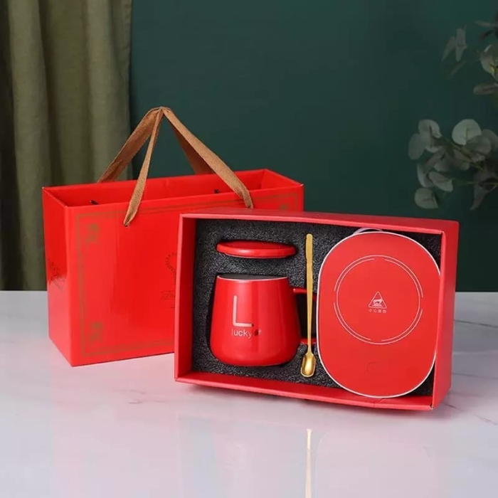  ceramic coffee mug with electric cup warmer plate   Perfect gift set    Capacity 350-400ml  Colours Red and white   Package includes   Coffee mug   Warmer plate   Spoon