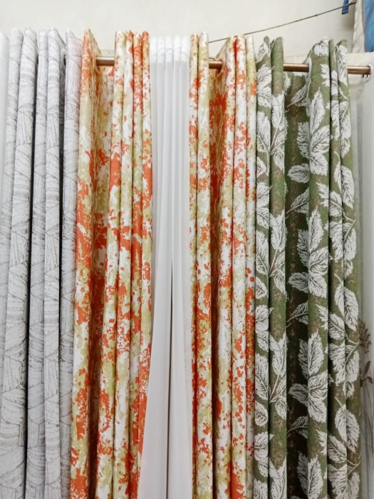 3pc 1.5m by 1.5m curtain, 2m shear  Orange splashed with green  and White Curtain with sheers