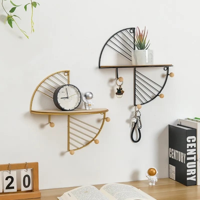 Nordic Iron Art Creative Hexagon Wall Storage Shelf Living Room Bedroom Wall Decoration Metal Wall Hanging Frame For Home (Gold)