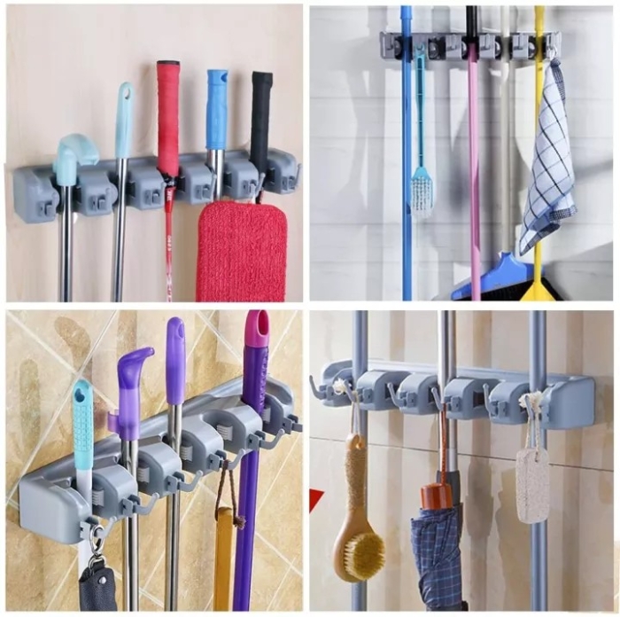 Broom Mop Holder Tidy Organizer, Wall Mounted Organizer with 5 Position 6 Hooks for Brush Mop and Broom Tool Storage
