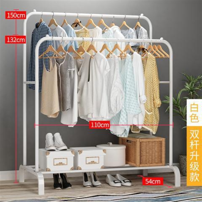 Order Double Rods Clothing Garment Rack with Shelves, Metal Clothes Stand Rack with Rod and Lower Storage Shelf, Heavy Duty Coat Rack and Shoe Bench Storage Stand for Indoor Bedroom (White)