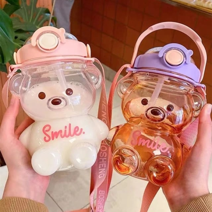 Order Here Kids water bottles/ Large Capacity Cute Bear Shaped Kids Water Bottle with Straw & Strap, Summer Student Portable Creative Water Bottle High Temperature Plastic Cup.