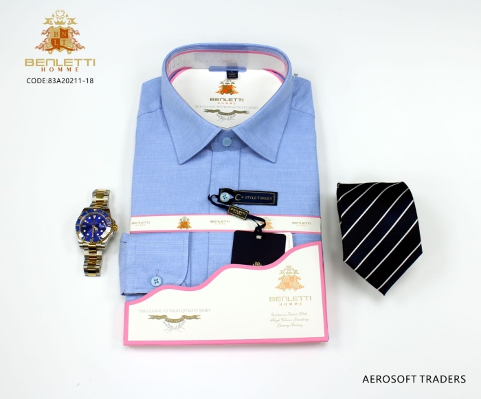 Professional Light blue quality Benletti long sleeved Modern fit 100% Cotton Kent collar and Button Cuff official shirt S-4xl