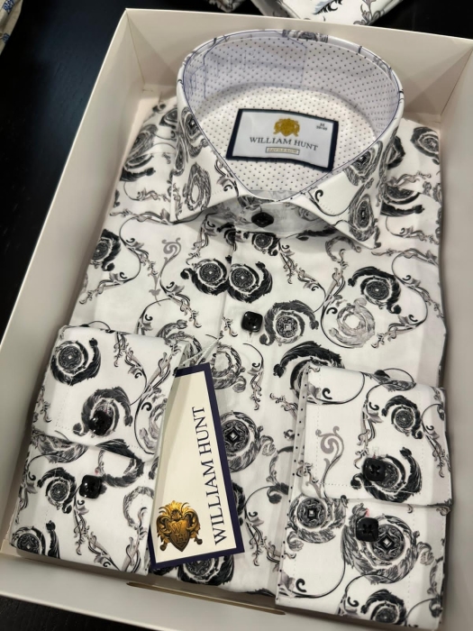 Magnificent black flowers on white Forward Point Collar William Hunt Shirt Official shirt  Double Stand Collar Fastening (2 Button) Tailored Fit Double Cuff – Single Button Fastening on Sleeve  Long