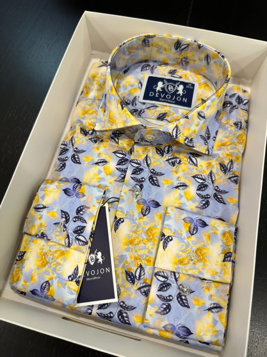 Magnetic Yellow flowered Forward Point Collar Devojon Shirt Official shirt  Double Stand Collar Fastening (2 Button) Tailored Fit Double Cuff – Button Fastening on Sleeve  Long sleeve