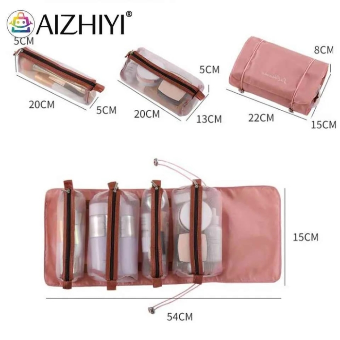 4In1 Folding Cosmetic Bag Detachable Makeup Bag Travel Organizer Toiletry Makeup Brush Lipstick Storage Mesh Rollable Wash Pouch [PINK]