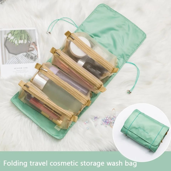 4In1 Folding Cosmetic Bag Detachable Makeup Bag Travel Organizer Toiletry Makeup Brush Lipstick Storage Mesh Rollable Wash Pouch [GREEN]