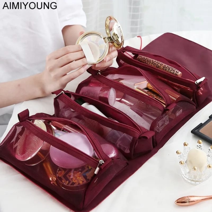 4In1 Folding Cosmetic Bag Detachable Makeup Bag Travel Organizer Toiletry Makeup Brush Lipstick Storage Mesh Rollable Wash Pouch