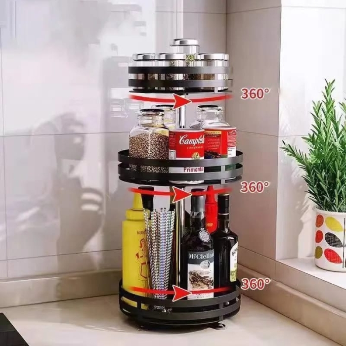 Rotating Spice Rack, Height Adjustable 360° Organizer Shelf For Kitchen & Bathroom (Black) (Round)