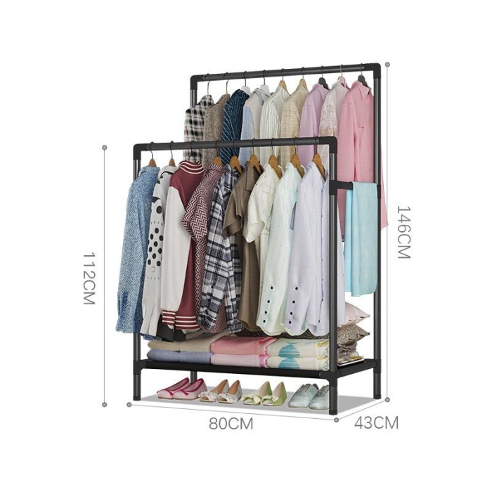 Black Elegant Double Pole Clothing Rack With Lower Storage Shelf for Boxes /Shoes  Dimensions (L*W *H) 146 x 43 x 80cm