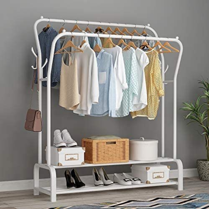 Stunning White CURVED DOUBLE POLE CLOTH RACK and Clothe hanger carries up to 35kgs with Double pole coat rack Size:157cm*110*33 CM With Double Shoe Rack