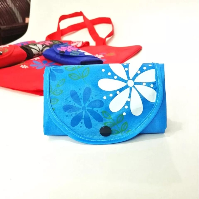 Folding Tote Shopping Bag Women Men Casual Eco Reusable Shopping Flower Button Pouch Case Travel Solid Handbag shopper bags [BLUE]