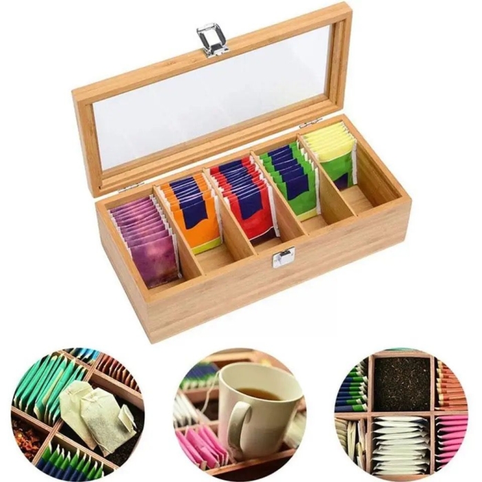 Cute Classy Natural Bamboo Tea Bag, Wooden Tea Box with 5 Compartments, Sealed Bamboo Box Storage for a Variety of Tea Bags Bulk Tea Spice and Vanilla