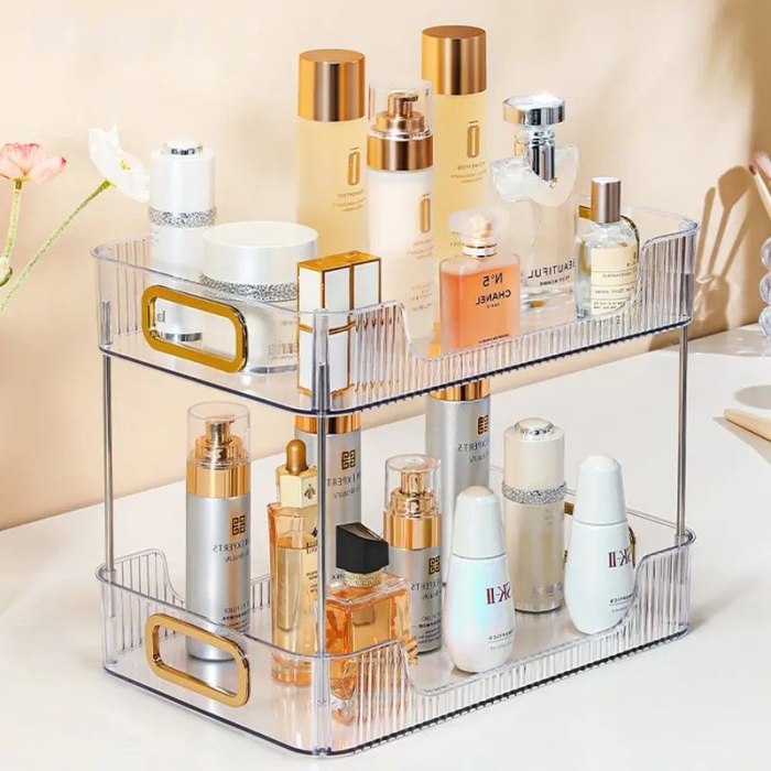 2 Tier Bathroom Countertop Clear Organizer Makeup Desk Perfume Organizer Vanity Storage Tray for Cosmetic,Spice, Snack, Mug,Book (Clear)