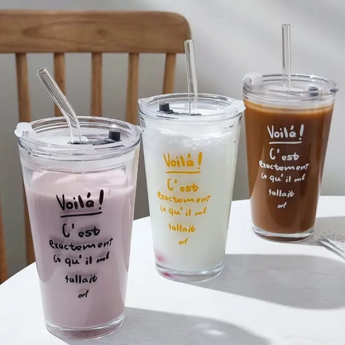 Round Transparent Borosilicate Drinking Glass Cup/Tumbler with lid + Straw 
