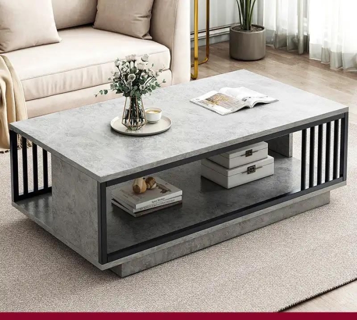 Marble Textured Coffee TableCoffee Table with storage, Modern Rectangular Coffee Table with Sturdy Metal Frame, Metal Cocktail Table Tea Table with Plank Design Base for Living Room, Home Office, Reception Room, 