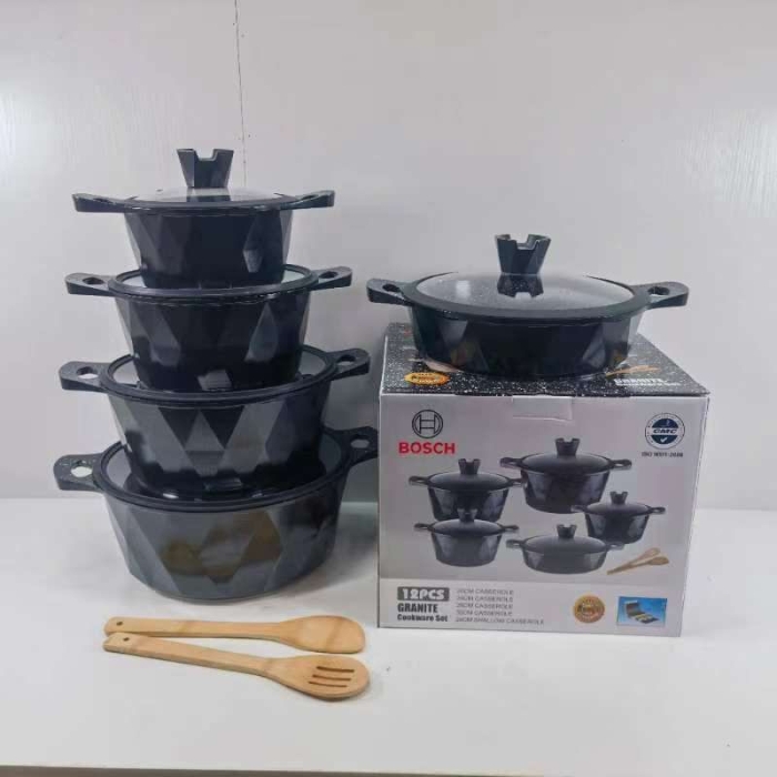 Black Original Bosch 12pc Cookware with Silicon lid covers Made in Germany Big Diamond texture look 