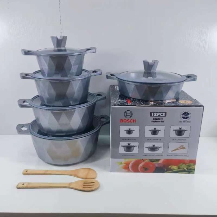 Grey Original Bosch 12pc Cookware with Silicon lid covers Made in Germany Big Diamond texture look 