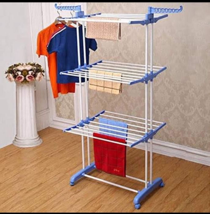 Blue 5.4*1.8*3.9cm.Foldable and movable with wheels Three layer  laundry drying rack with hanger