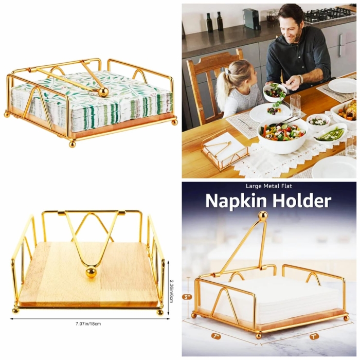Flat Napkin Holder with Wood Base, Farmhouse Kitchen Metal Napkin Dispenser with Weighted Arm, Square Napkin Basket for Countertop, Dinning Table, Restaurant gold