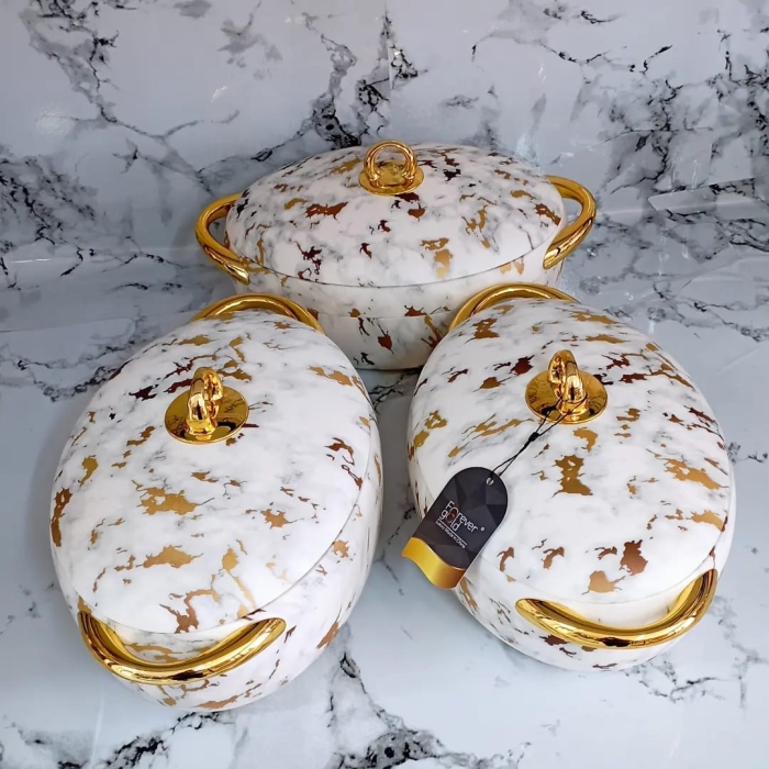 SET OF 3 OVAL WHITE GOLD MARBLE FOREVER GOLD LUXURIOUS HOTPOTS