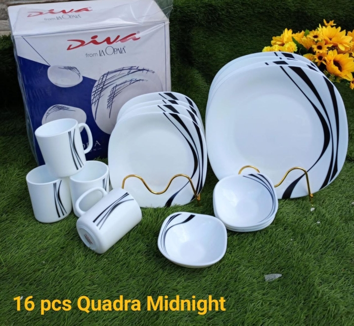 16 pcs Quadra Square Dinner sets Midnight Diva with white and black stripes