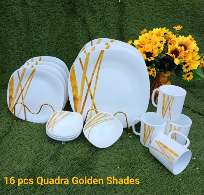 16 pcs Quadra Square Dinner sets Golden Shades/Diva dinner sets/with Golden stripes on white surface printing.