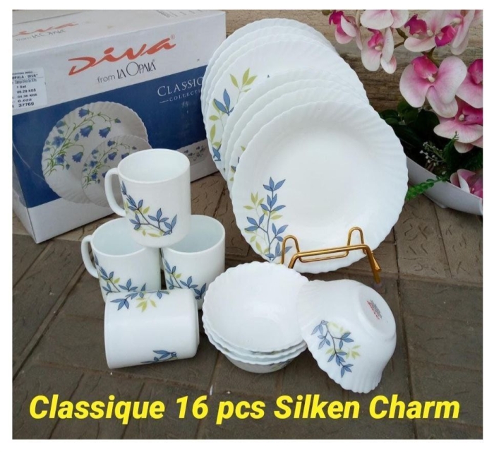 16 pcs Classique Dinner sets Silken Charm /Diva dinner sets/white n bluish with touch of green color