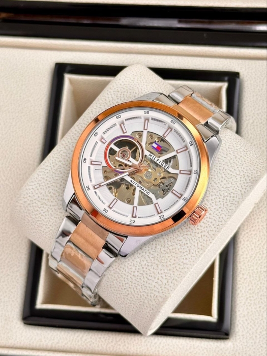 Tommy Hilfiger Fashion Men Automatic Mechanical Watch Stainless Steel Luxury Business Transparent Skeleton Wristwatch Relogio Masculino